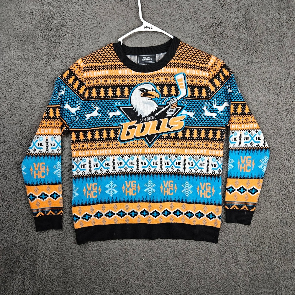 Violent Gentlemen San Diego Gulls Ugly Christmas Sweater‎ Mens XS Orange Blue